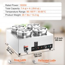 VEVOR Electric Soup Warmer, Four 7.4QT Stainless Steel Round Pot 86~185°F Adjustable Temp, 1500W Commercial Bain Marie with Anti-dry Burn and Reset Button, Soup Station for Restaurant, Buffet, Silver