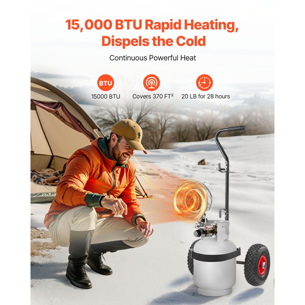 VEVOR Propane Tank Top Heater with Portable Trolley, 15000 BTU Rapid Heating 180-Degree Infrared Radiant Tank Top Gas Heater for 9-18kg Propane Tanks, for Ice Fishing/ Hunting/Outdoor Single Burner