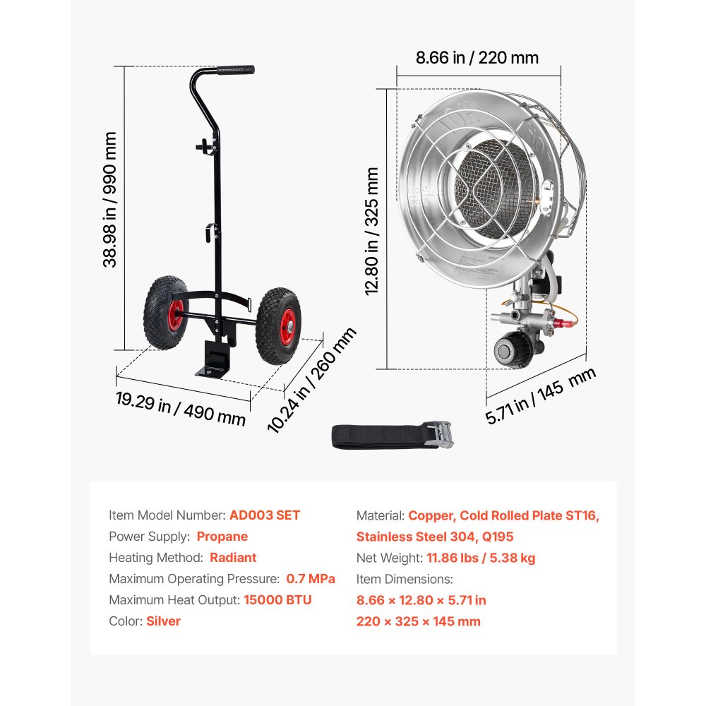 VEVOR Propane Tank Top Heater with Portable Trolley, 15000 BTU Rapid Heating 180-Degree Infrared Radiant Tank Top Gas Heater for 9-18kg Propane Tanks, for Ice Fishing/ Hunting/Outdoor Single Burner