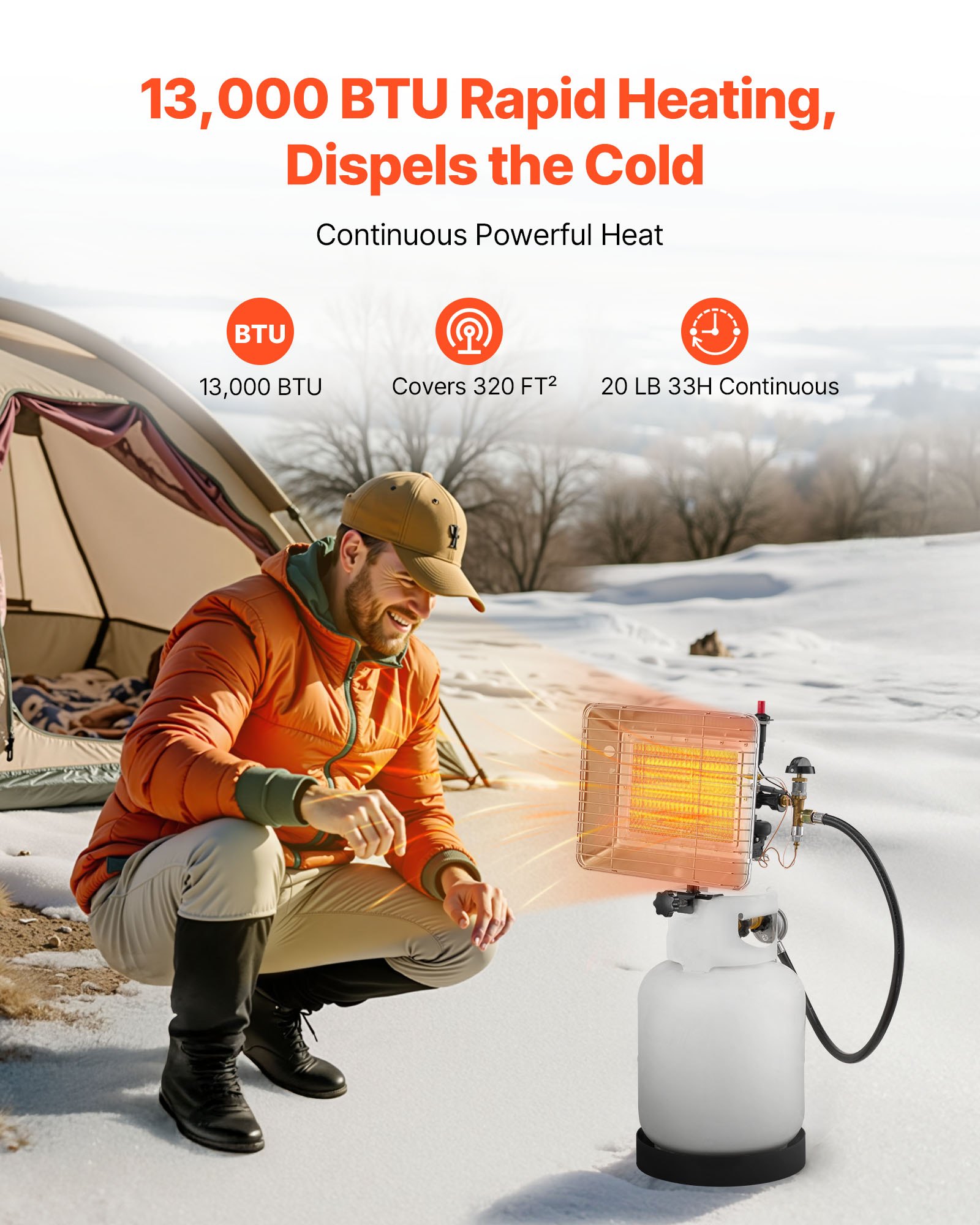 VEVOR Propane Tank Top Heater, 13000 BTU Rapid Heating 180-Degree Infrared Radiant Tank Top Gas Heater, Stepless Temperature Adjustment for Ice Fishing/ Hunting/Outdoor Work, Single Burner Square