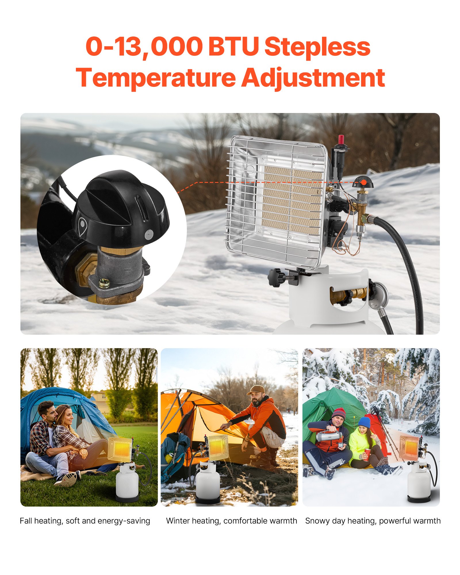 VEVOR Propane Tank Top Heater, 13000 BTU Rapid Heating 180-Degree Infrared Radiant Tank Top Gas Heater, Stepless Temperature Adjustment for Ice Fishing/ Hunting/Outdoor Work, Single Burner Square