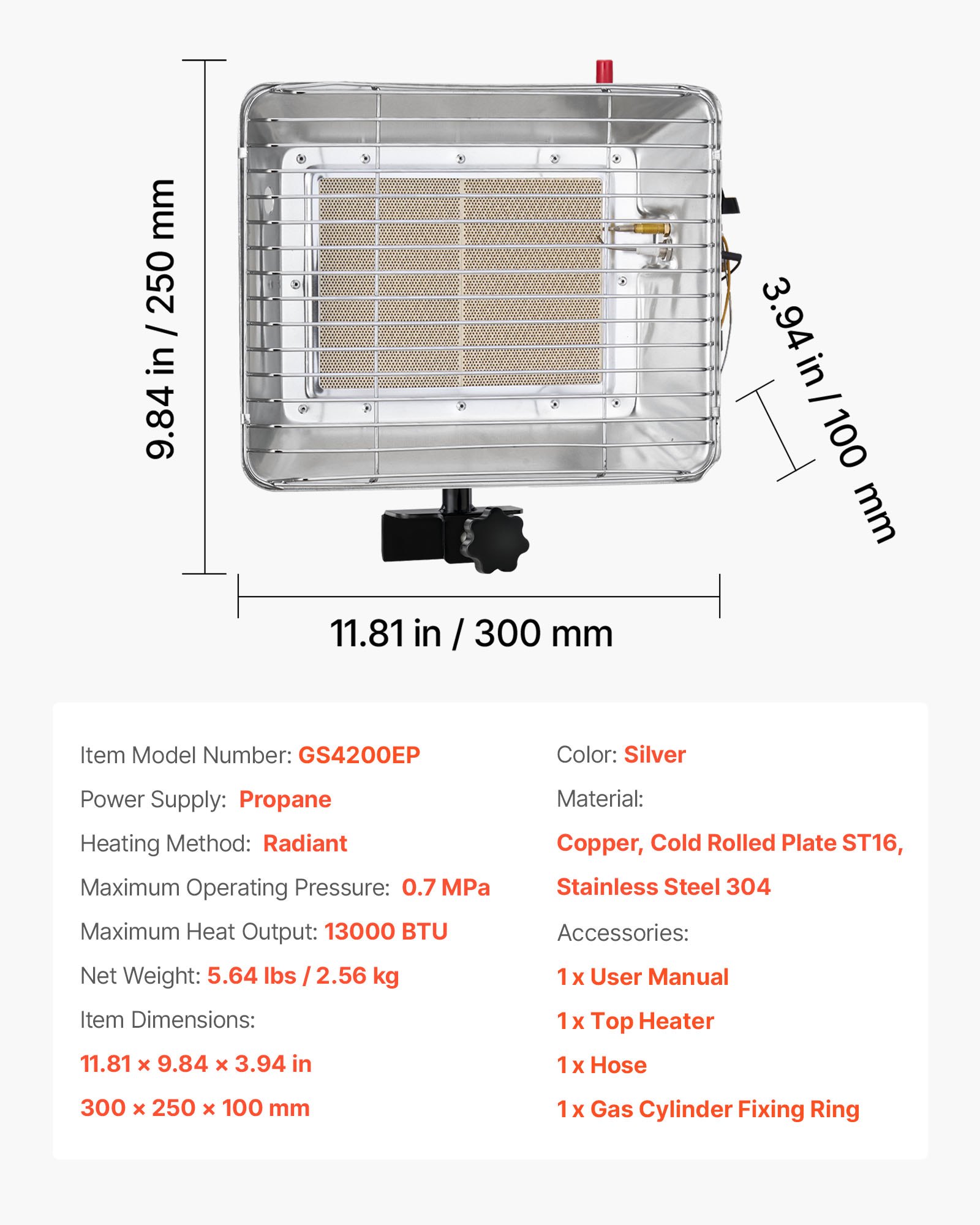 VEVOR Propane Tank Top Heater, 13000 BTU Rapid Heating 180-Degree Infrared Radiant Tank Top Gas Heater, Stepless Temperature Adjustment for Ice Fishing/ Hunting/Outdoor Work, Single Burner Square