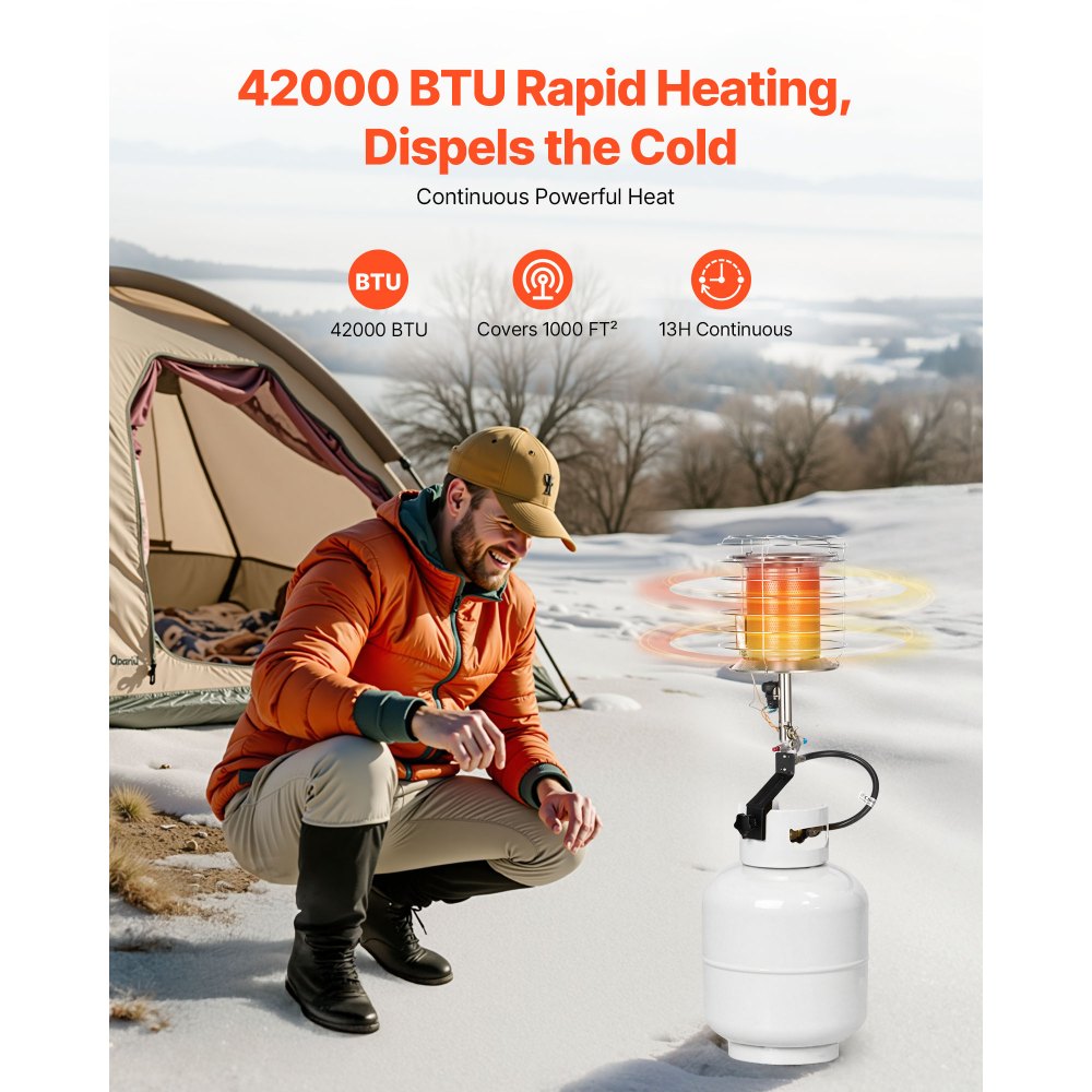 VEVOR Propane Tank Top Heater, 42000 BTU Rapid Heating 360-Degree Infrared Radiant Tank Top Gas Heater, Stepless Temperature Adjustment for Ice Fishing/ Hunting/Outdoor Work, Single Burner
