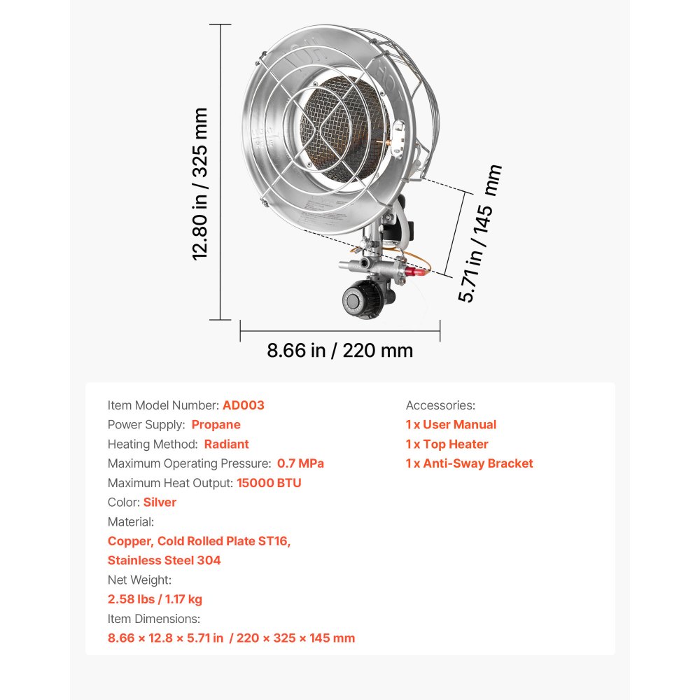 VEVOR Propane Tank Top Heater, 15000 BTU Rapid Heating 180-Degree Infrared Radiant Tank Top Gas Heater, Stepless Temperature Adjustment for Ice Fishing/ Hunting/Outdoor Work, Single Burner Round