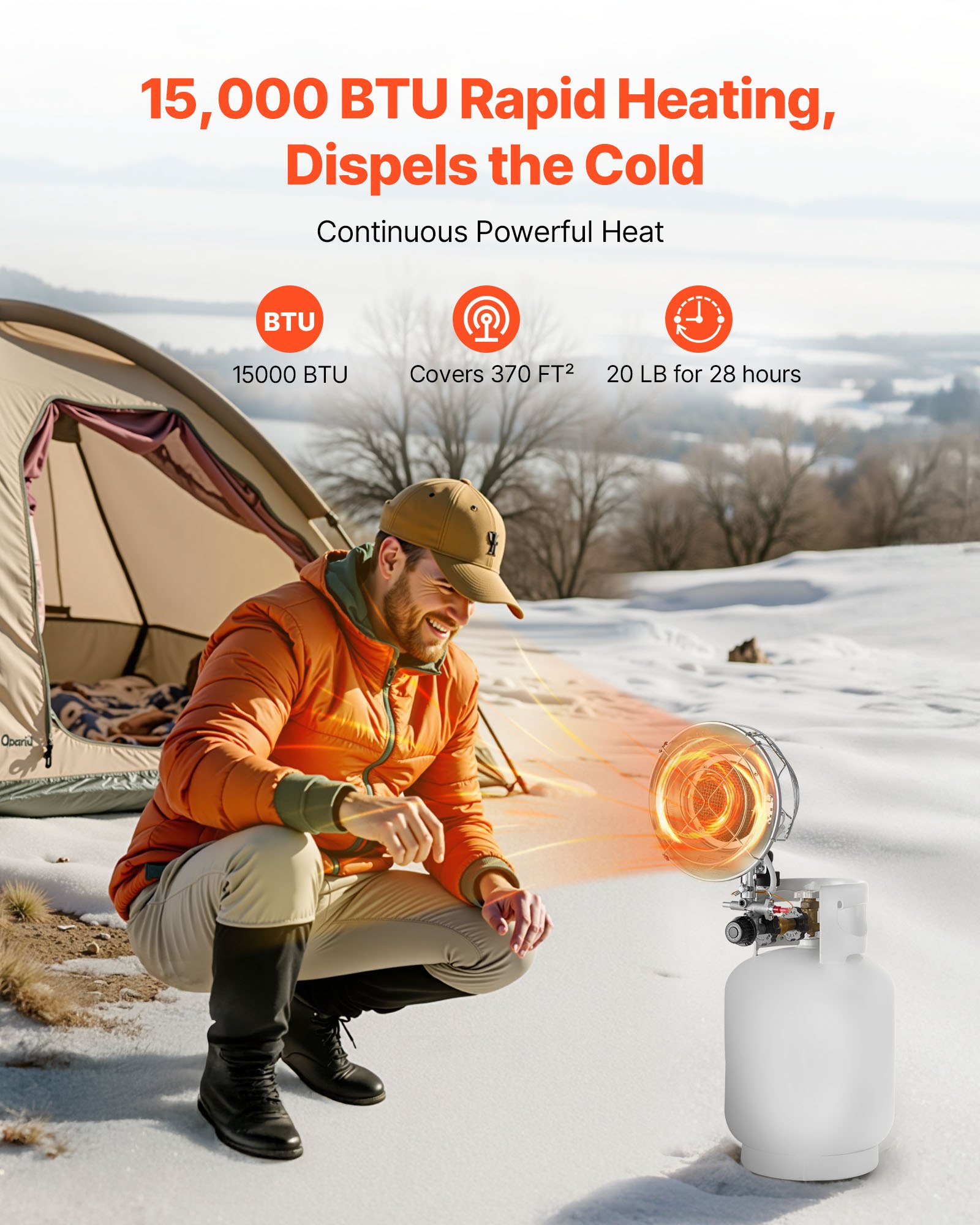 VEVOR Propane Tank Top Heater, 15000 BTU Rapid Heating 180-Degree Infrared Radiant Tank Top Gas Heater, Stepless Temperature Adjustment for Ice Fishing/ Hunting/Outdoor Work, Single Burner Round