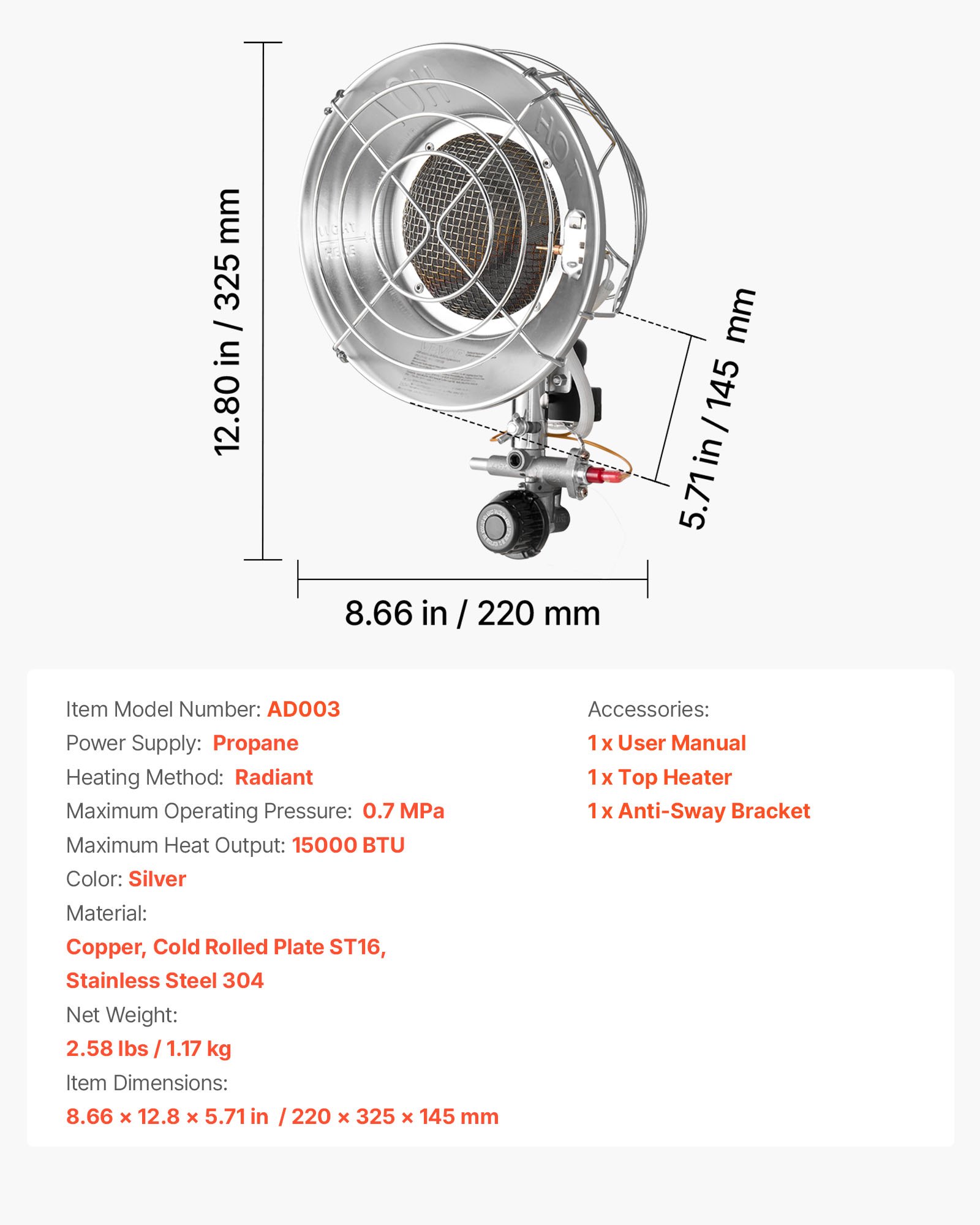 VEVOR Propane Tank Top Heater, 15000 BTU Rapid Heating 180-Degree Infrared Radiant Tank Top Gas Heater, Stepless Temperature Adjustment for Ice Fishing/ Hunting/Outdoor Work, Single Burner Round