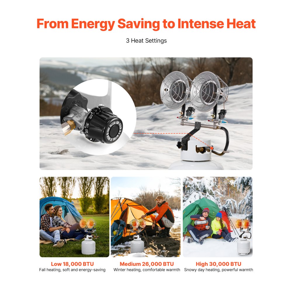 VEVOR Propane Tank Top Heater, 30000 BTU Rapid Heating 180-Degree Infrared Radiant Tank Top Gas Heater, 3 Heat Settings for Ice Fishing/ Hunting/Outdoor Work, Dual Burner Square