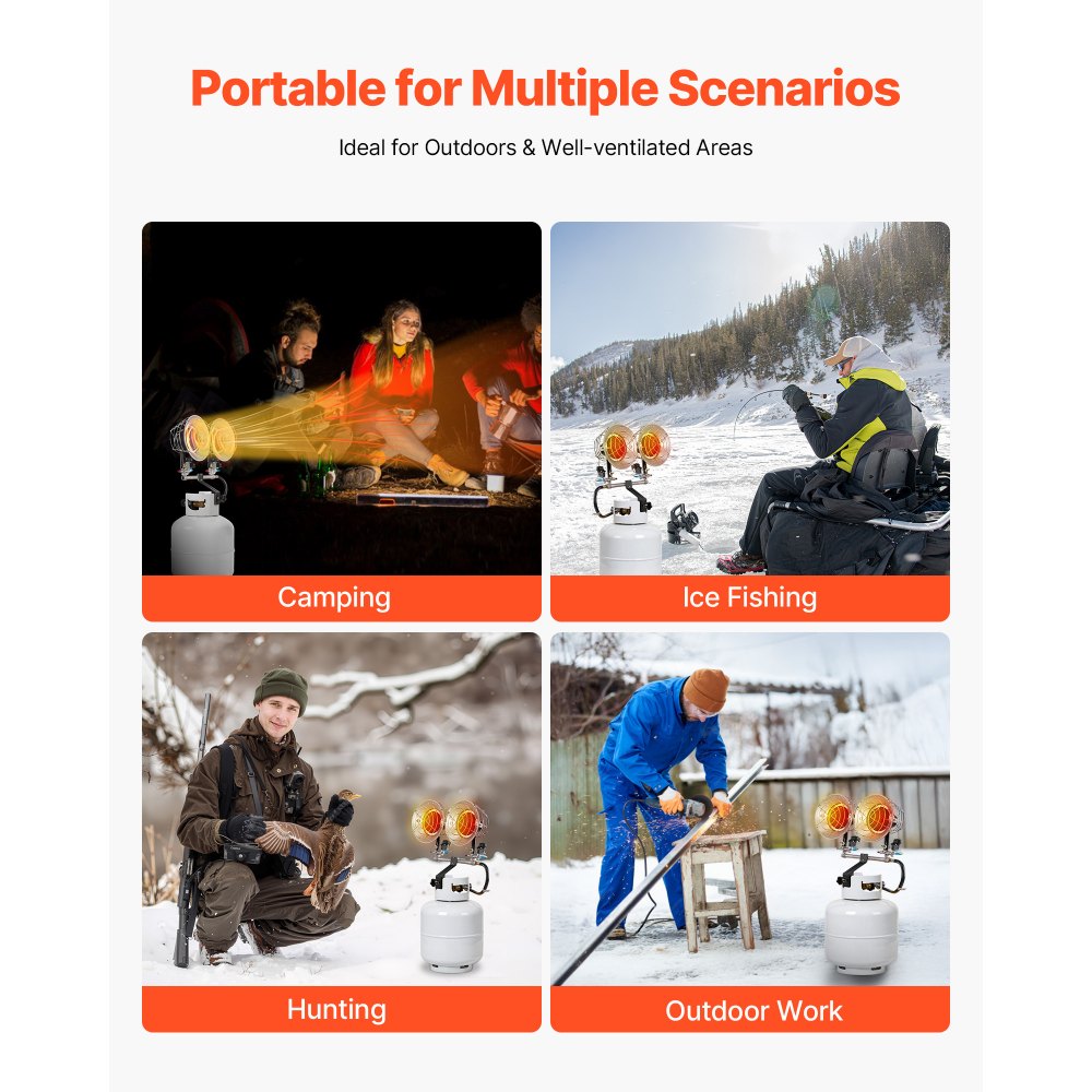 VEVOR Propane Tank Top Heater, 30000 BTU Rapid Heating 180-Degree Infrared Radiant Tank Top Gas Heater, 3 Heat Settings for Ice Fishing/ Hunting/Outdoor Work, Dual Burner Square