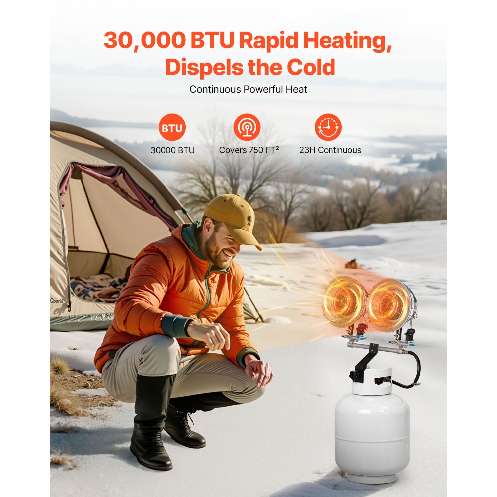 VEVOR Propane Tank Top Heater, 30000 BTU Rapid Heating 180-Degree Infrared Radiant Tank Top Gas Heater, 3 Heat Settings for Ice Fishing/ Hunting/Outdoor Work, Single Burner Square