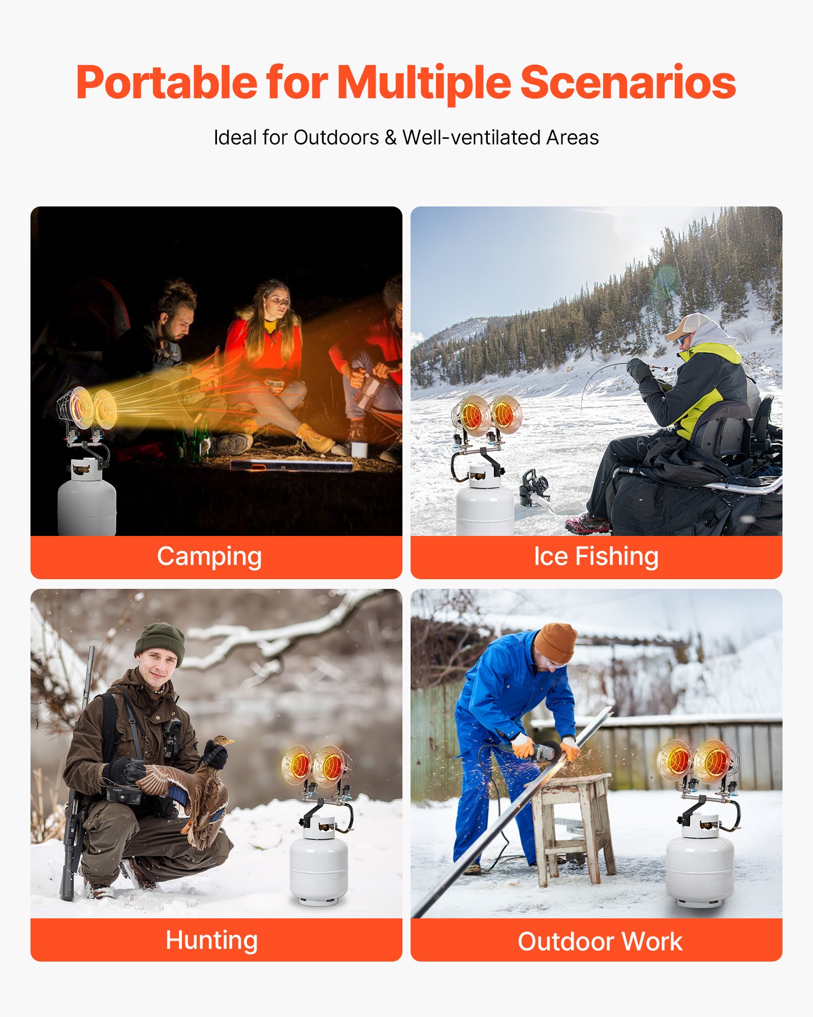 VEVOR Propane Tank Top Heater, 30000 BTU Rapid Heating 180-Degree Infrared Radiant Tank Top Gas Heater, 3 Heat Settings for Ice Fishing/ Hunting/Outdoor Work, Single Burner Square