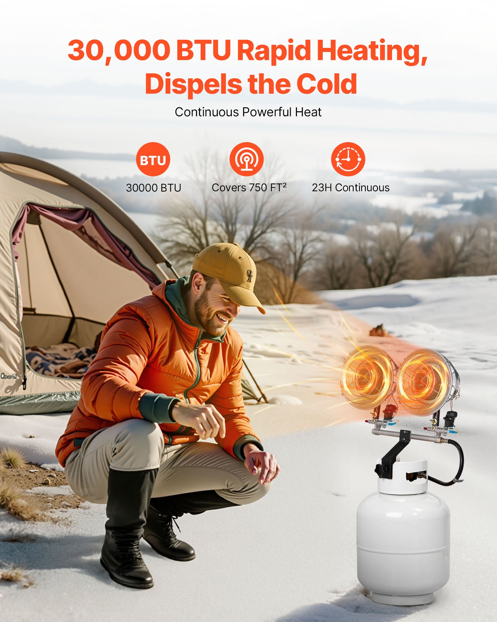 VEVOR Propane Tank Top Heater, 30000 BTU Rapid Heating 180-Degree Infrared Radiant Tank Top Gas Heater, 3 Heat Settings for Ice Fishing/ Hunting/Outdoor Work, Dual Burner Square