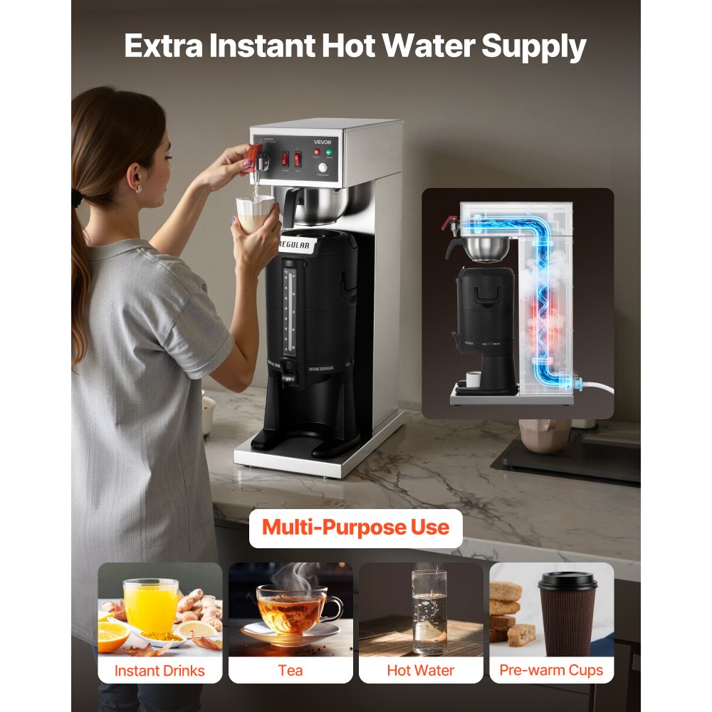 VEVOR Commercial Drip Coffee Maker, 16-17 Cups Machine with 2.5 L Thermal Carafe, Keep Warm for 4 Hours, Stainless Steel Brewer with Auto Water Filling, for Restaurant, Office, Coffee Shop & Home