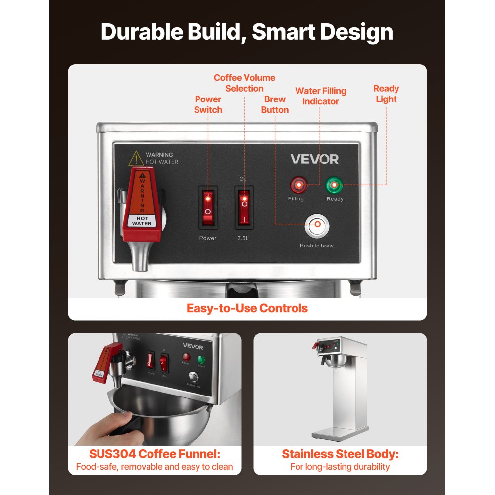 VEVOR Commercial Drip Coffee Maker, 16-17 Cups Machine with 2.5 L Thermal Carafe, Keep Warm for 4 Hours, Stainless Steel Brewer with Auto Water Filling, for Restaurant, Office, Coffee Shop & Home