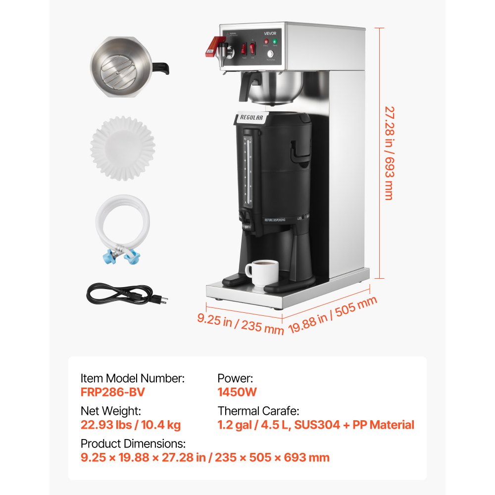 VEVOR Commercial Drip Coffee Maker, 16-17 Cups Machine with 2.5 L Thermal Carafe, Keep Warm for 4 Hours, Stainless Steel Brewer with Auto Water Filling, for Restaurant, Office, Coffee Shop & Home
