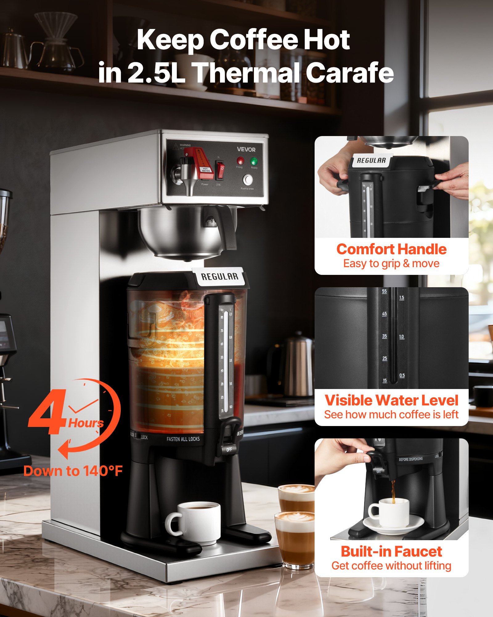 VEVOR Commercial Drip Coffee Maker, 16-17 Cups Machine with 2.5 L Thermal Carafe, Keep Warm for 4 Hours, Stainless Steel Brewer with Auto Water Filling, for Restaurant, Office, Coffee Shop & Home