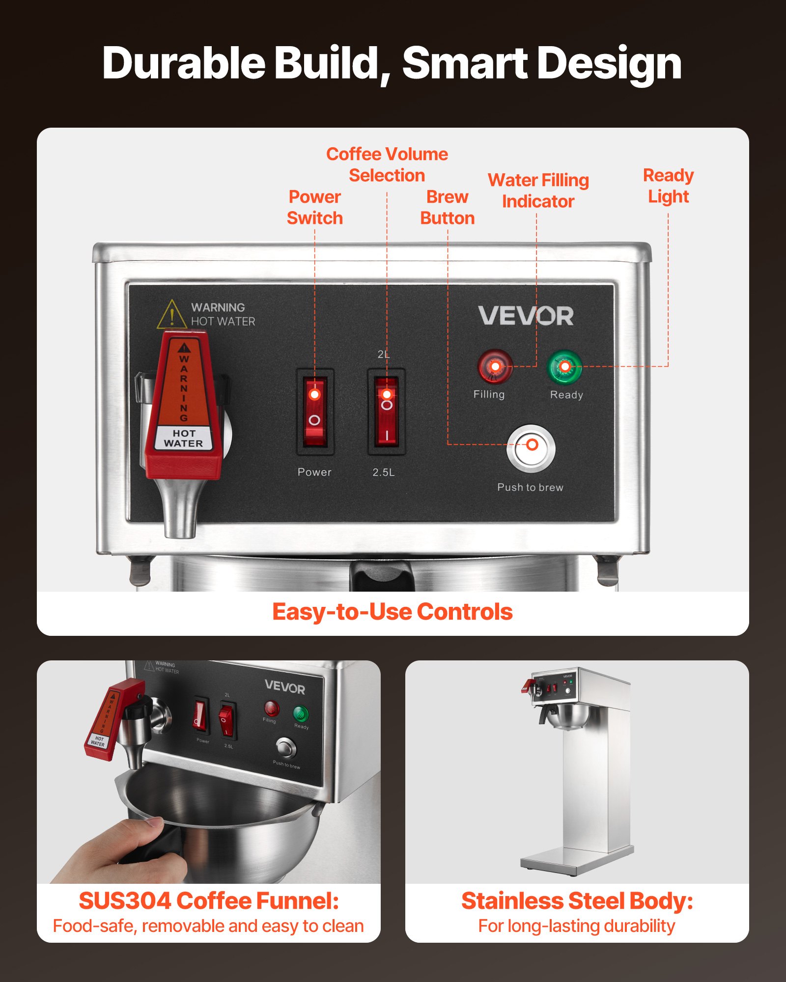 VEVOR Commercial Drip Coffee Maker, 16-17 Cups Machine with 2.5 L Thermal Carafe, Keep Warm for 4 Hours, Stainless Steel Brewer with Auto Water Filling, for Restaurant, Office, Coffee Shop & Home