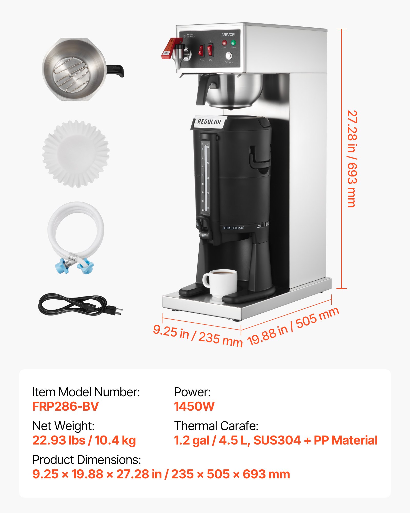 VEVOR Commercial Drip Coffee Maker, 16-17 Cups Machine with 2.5 L Thermal Carafe, Keep Warm for 4 Hours, Stainless Steel Brewer with Auto Water Filling, for Restaurant, Office, Coffee Shop & Home