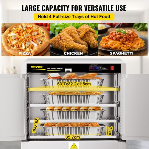 VEVOR Hot Box Food Warmer, 25"x15"x24" Concession Warmer with Water Tray, Four Disposable Catering Pans, Countertop Pizza, Patty, Pastry, Empanada, Concession Hot Food Holding Case, 110V UL Listed