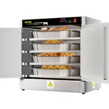 VEVOR Calentador de alimentos Hot Box, calentador de concesión de 25 x 15 x 24 pulgadas con bandeja de agua, cuatro sartenes desechables para catering, pizza de encimera, hamburguesa, pastelería, empanada, retención de alimentos calientes de concesión probado según los estándares UL
