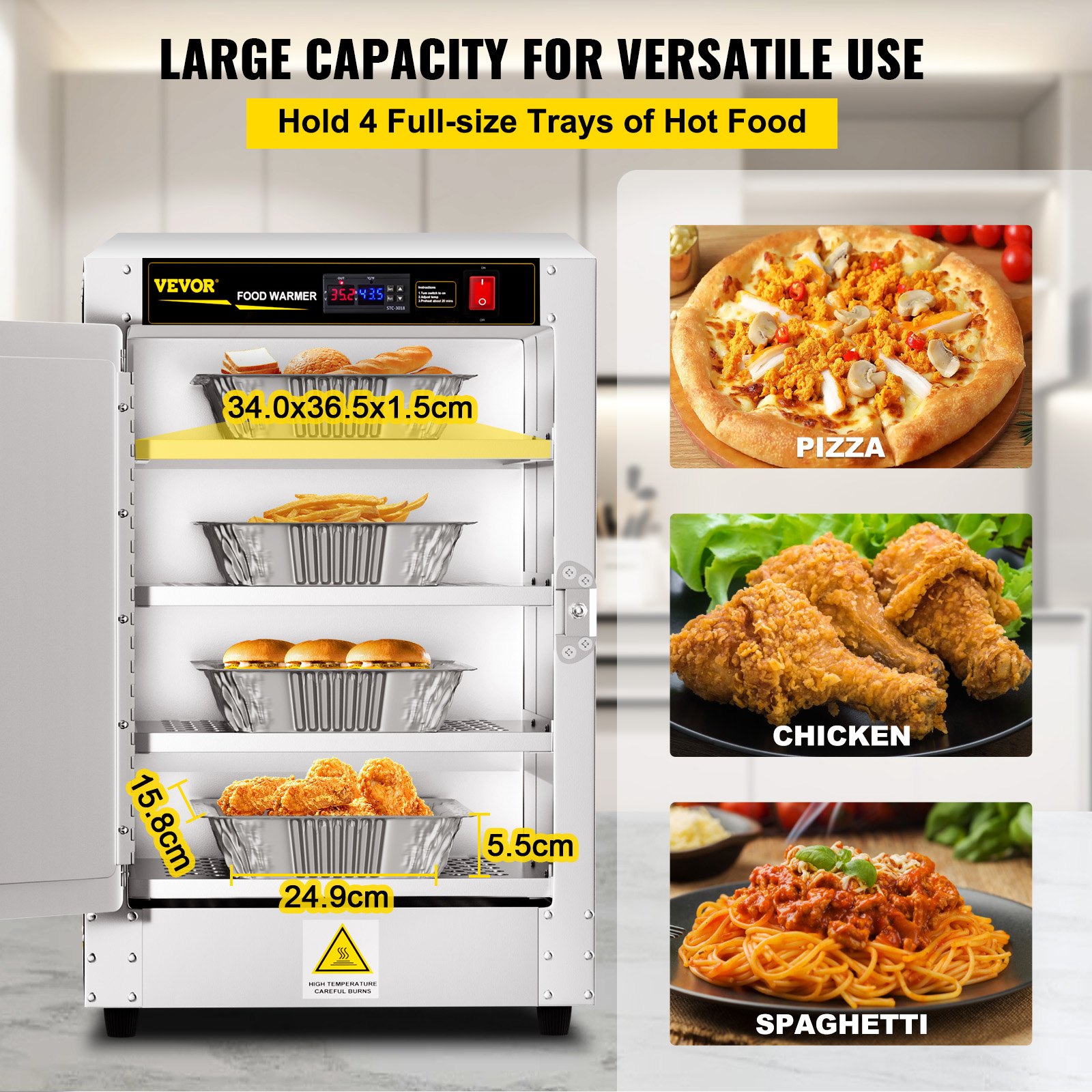 VEVOR Hot Box Food Warmer, 16\"x16\"x24\" Concession Warmer with Water Tray, Four Disposable Catering Pans, Countertop Pizza, Patty, Pastry, Empanada, Concession Hot Food Hold Tested to UL Standards