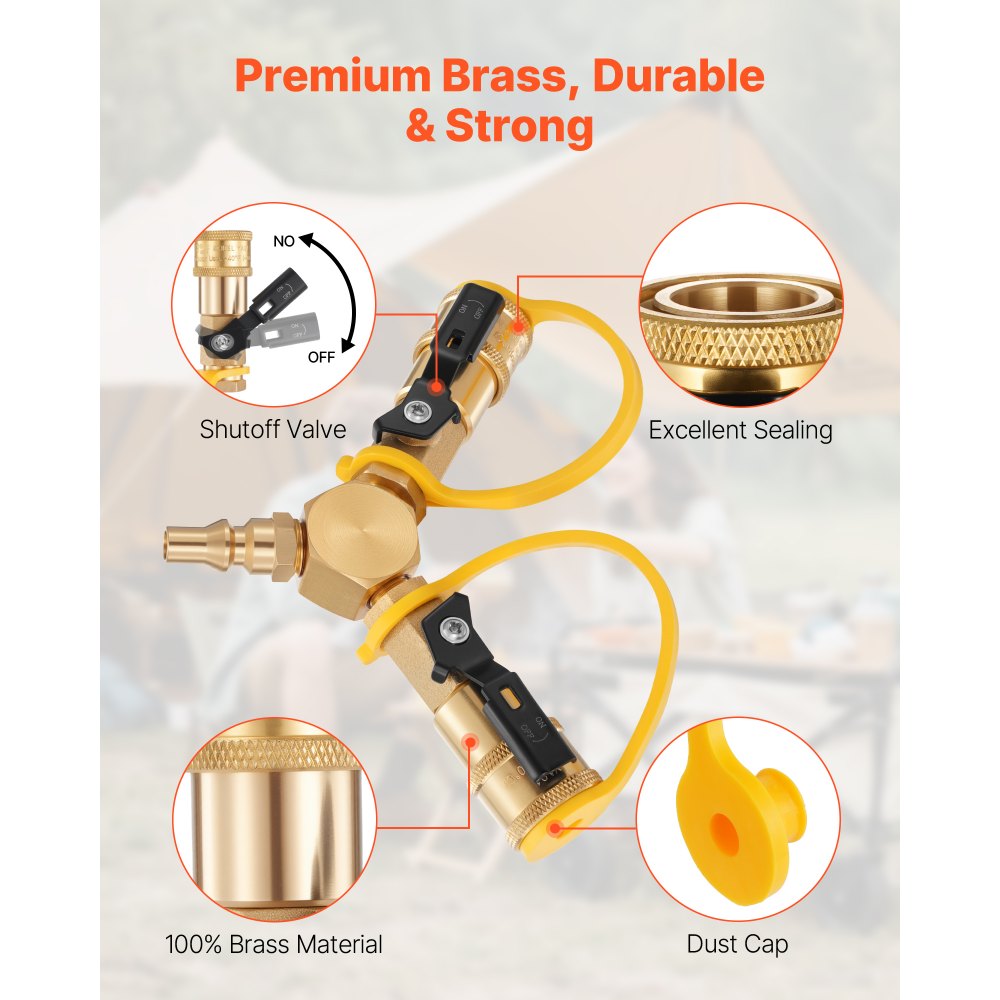 VEVOR RV Propane Quick Connect Y Splitter Adapter with Shutoff Valve, 2 Way 1/4 inch Quick Disconnect Kit, Fits for RV Trailer, Quick Connect Propane Hose Connect to Motorhome Tabletop Camping Grill