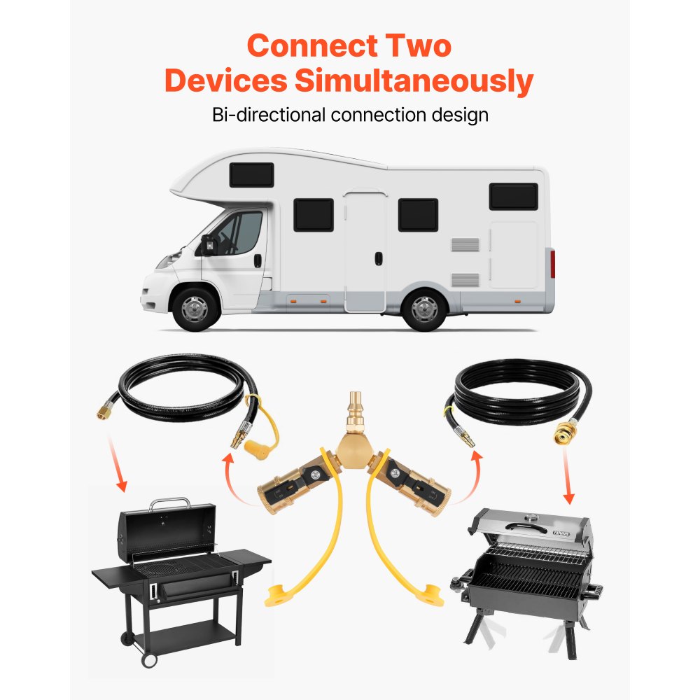 VEVOR RV Propane Quick Connect Y Splitter Adapter with Shutoff Valve, 2 Way 1/4 inch Quick Disconnect Kit, Fits for RV Trailer, Quick Connect Propane Hose Connect to Motorhome Tabletop Camping Grill