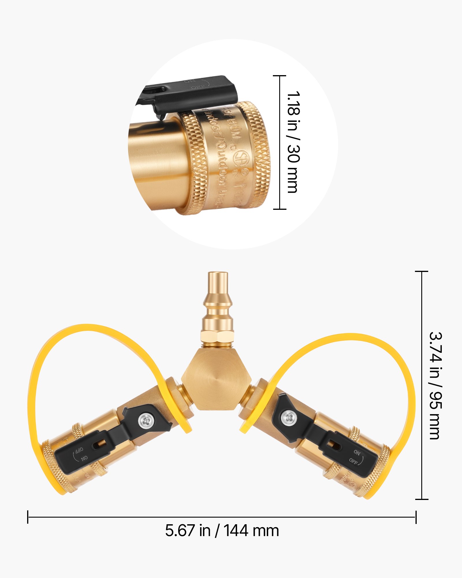 VEVOR RV Propane Quick Connect Y Splitter Adapter with Shutoff Valve, 2 Way 1/4 inch Quick Disconnect Kit, Fits for RV Trailer, Quick Connect Propane Hose Connect to Motorhome Tabletop Camping Grill