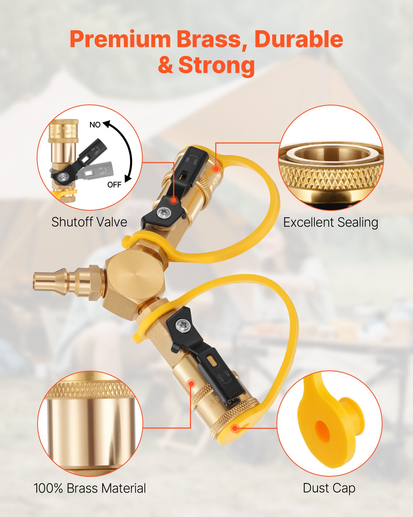 VEVOR RV Propane Quick Connect Y Splitter Adapter with Shutoff Valve, 2 Way 1/4 inch Quick Disconnect Kit, Fits for RV Trailer, Quick Connect Propane Hose Connect to Motorhome Tabletop Camping Grill