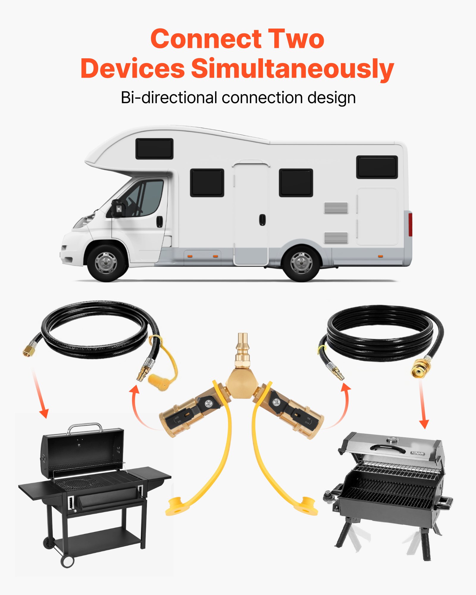 VEVOR RV Propane Quick Connect Y Splitter Adapter with Shutoff Valve, 2 Way 1/4 inch Quick Disconnect Kit, Fits for RV Trailer, Quick Connect Propane Hose Connect to Motorhome Tabletop Camping Grill