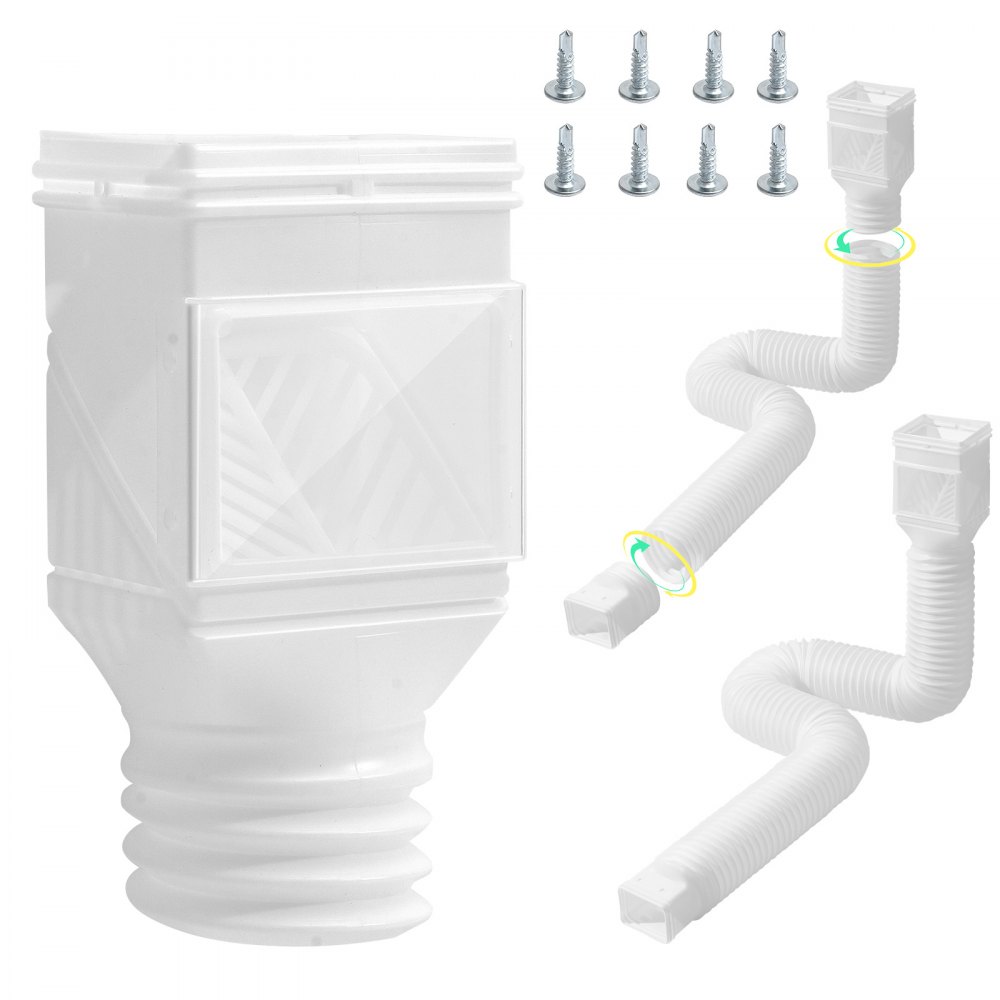 VEVOR Rain Gutter Downspout Extensions, 2-Pack Flexible Downspout Extender, Down Spout Drain Extension Extendable from 22" to 63", Gutter Extensions with Adapters, for Rainwater Drainage, White