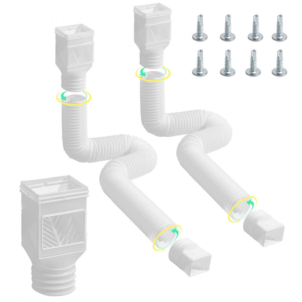 VEVOR Rain Gutter Downspout Extensions, 2-Pack Flexible Downspout Extender, Down Spout Drain Extension Extendable from 22" to 63", Gutter Extensions with Adapters, for Rainwater Drainage, White