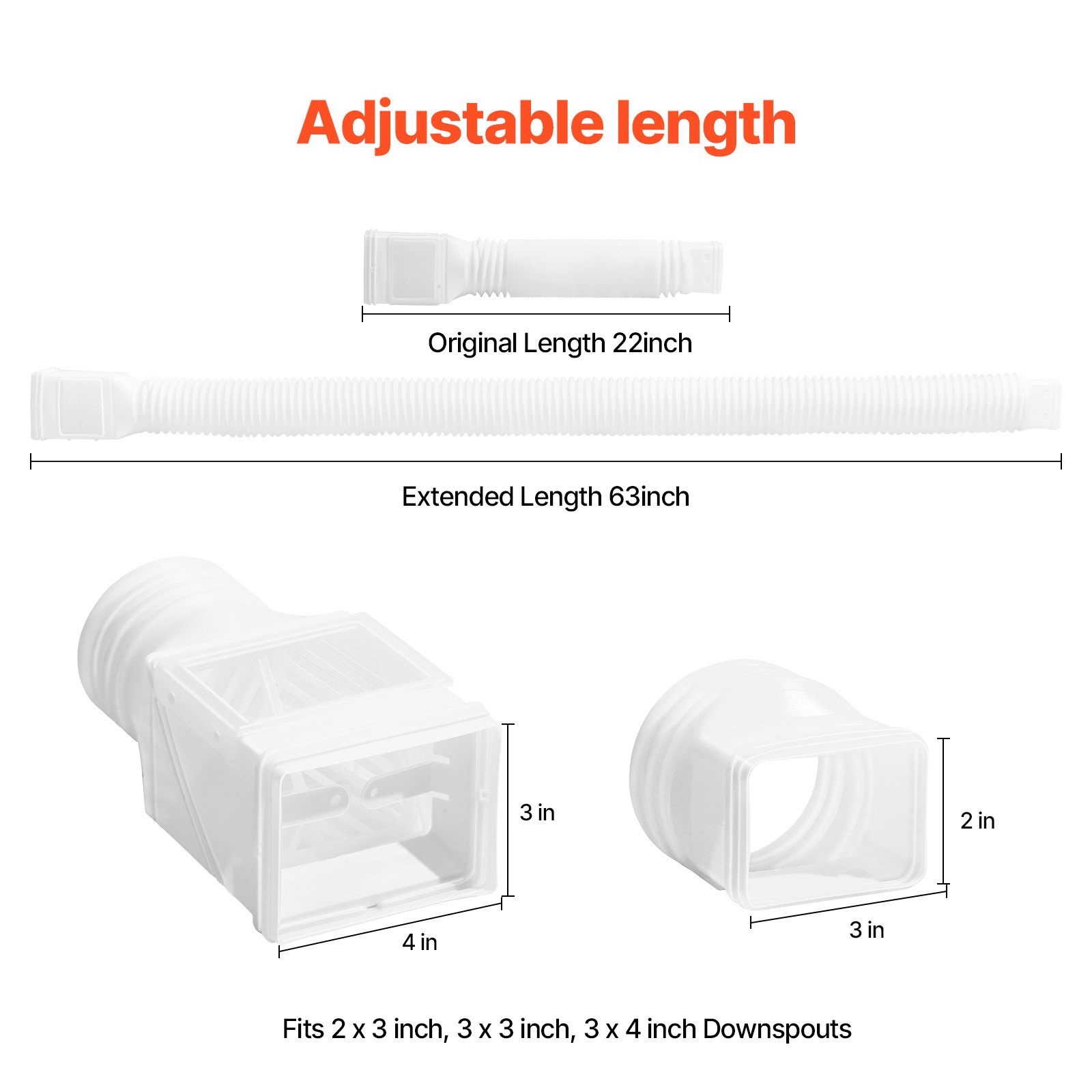 VEVOR Rain Gutter Downspout Extensions, 2-Pack Flexible Downspout Extender, Down Spout Drain Extension Extendable from 22" to 63", Gutter Extensions with Adapters, for Rainwater Drainage, White