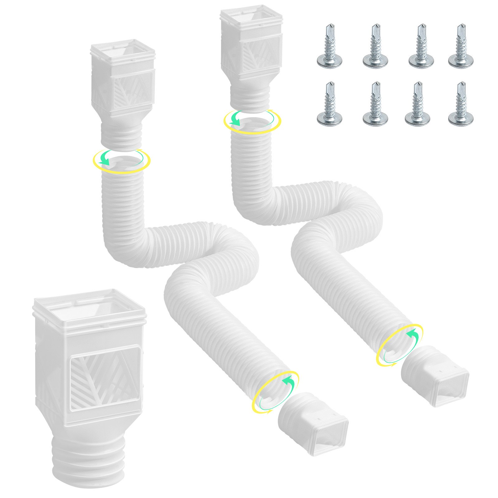 VEVOR Rain Gutter Downspout Extensions, 2-Pack Flexible Downspout Extender, Down Spout Drain Extension Extendable from 22" to 63", Gutter Extensions with Adapters, for Rainwater Drainage, White