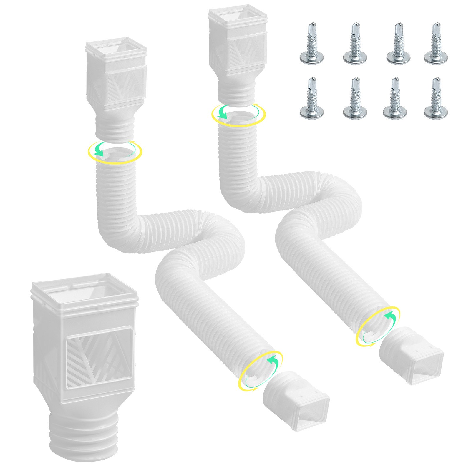 VEVOR Rain Gutter Downspout Extensions, 2-Pack Flexible Downspout Extender, Down Spout Drain Extension Extendable from 22" to 63", Gutter Extensions with Adapters, for Rainwater Drainage, White