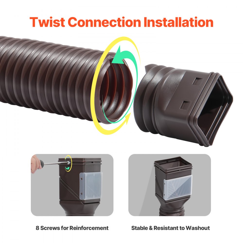 VEVOR Rain Gutter Downspout Extensions, 2-Pack Flexible Downspout Extender, Down Spout Drain Extension Extendable from 22" to 63", Gutter Extensions with Adapters, for Rainwater Drainage, Brown