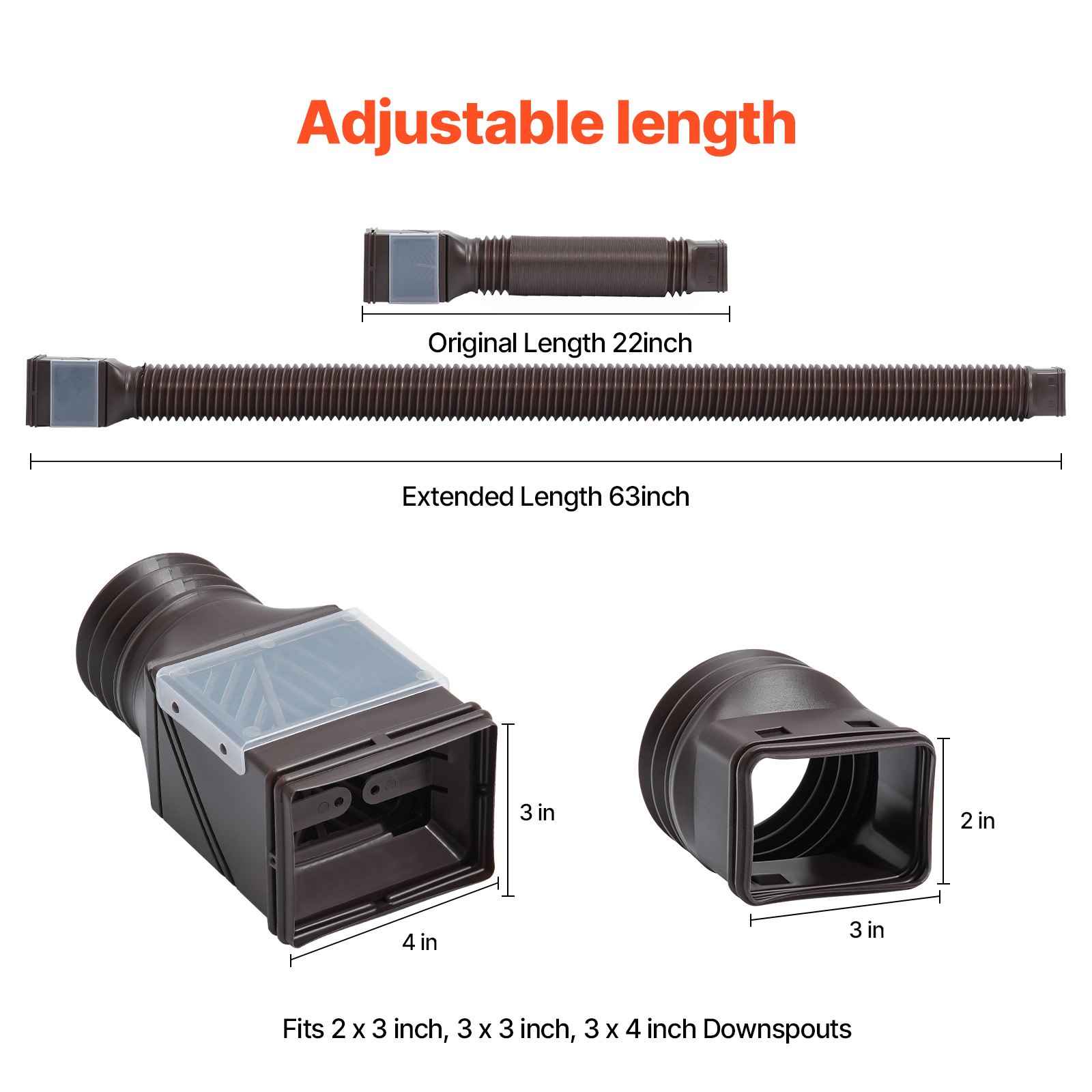 VEVOR Rain Gutter Downspout Extensions, 2-Pack Flexible Downspout Extender, Down Spout Drain Extension Extendable from 22" to 63", Gutter Extensions with Adapters, for Rainwater Drainage, Brown