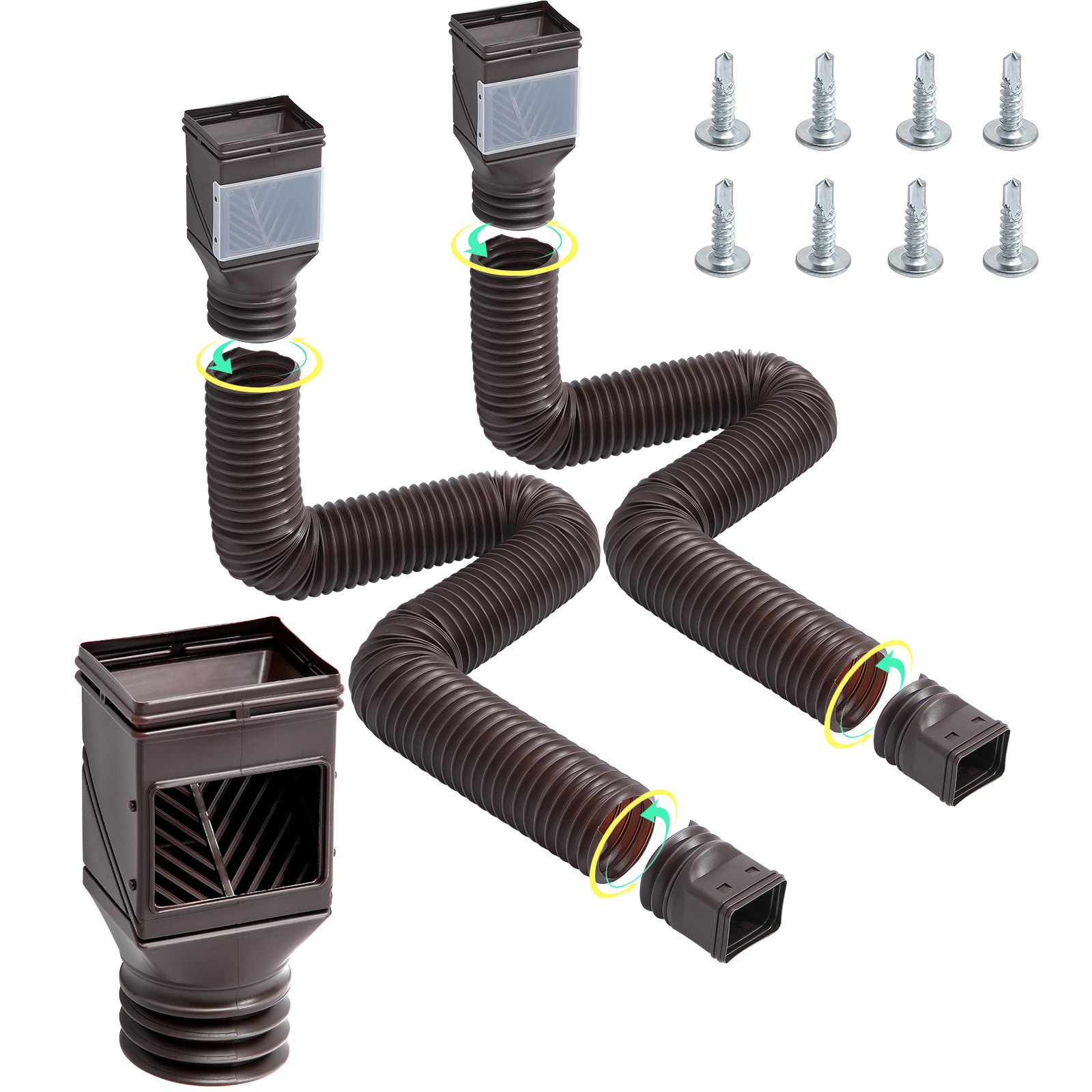 VEVOR Rain Gutter Downspout Extensions, 2-Pack Flexible Downspout Extender, Down Spout Drain Extension Extendable from 22" to 63", Gutter Extensions with Adapters, for Rainwater Drainage, Brown