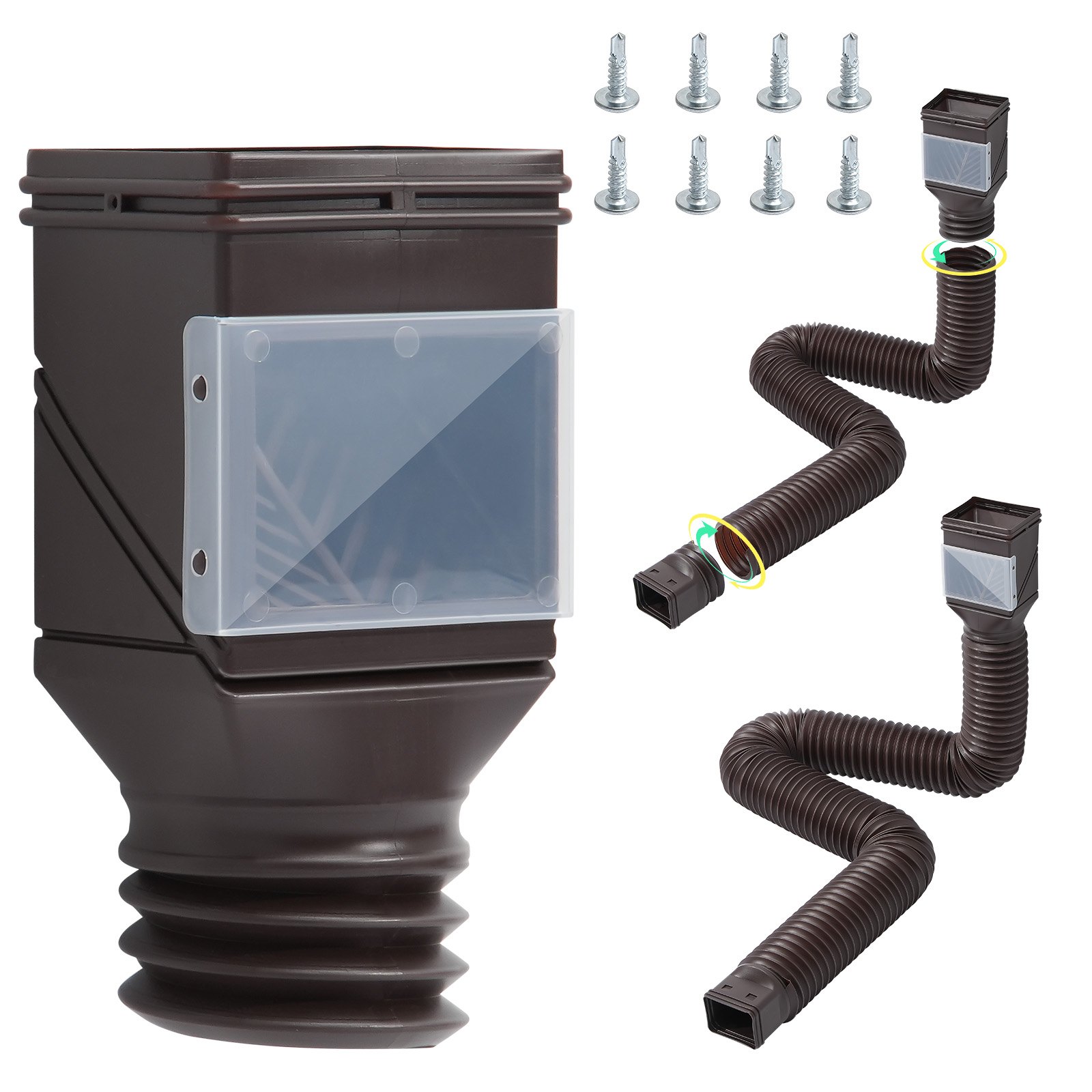 VEVOR Rain Gutter Downspout Extensions, 2-Pack Flexible Downspout Extender, Down Spout Drain Extension Extendable from 22" to 63", Gutter Extensions with Adapters, for Rainwater Drainage, Brown