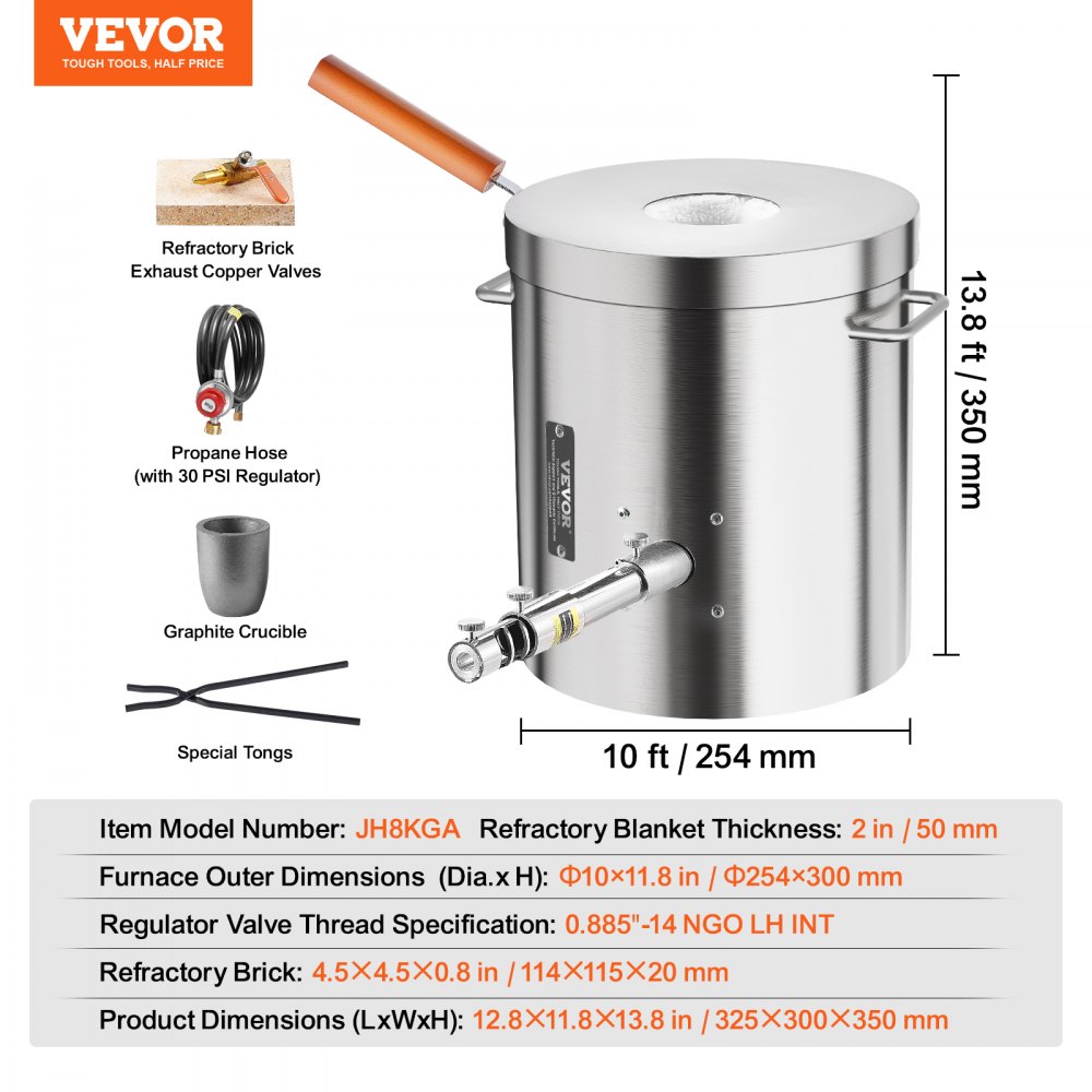 VEVOR Propane Melting Furnace Kit, 8KG/18lbs Gas Metal Melting Furnace Kit, Foundry Home Kiln with Crucible, Tongs, Wooden Handle, Smelting Casting Tool for Gold Silver Copper Aluminum Metal Recycle