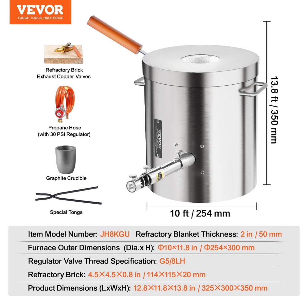VEVOR Propane Melting Furnace Kit, 8KG/18lbs Gas Metal Melting Furnace Kit, Foundry Home Kiln with Crucible, Tongs, Wooden Handle, Smelting Casting Tool for Gold Silver Copper Aluminum Metal Recycle