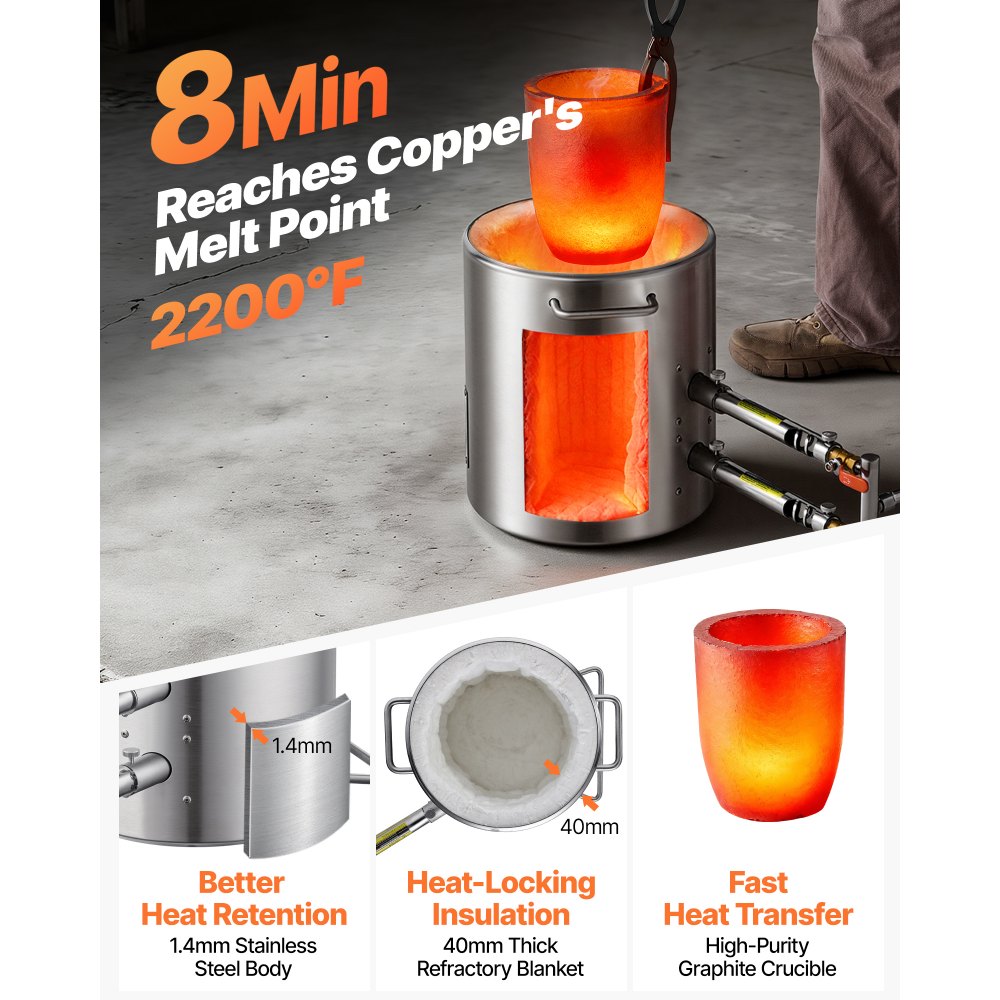 VEVOR Propane Melting Furnace Kit, 12KG Large Capacity Foundry Home Kilns,Stainless Steel Smelter, Blacksmithing Forge with Crucible an Tongs Kiln, For Metal Scrap Recycle, Gold Copper Silver Casting