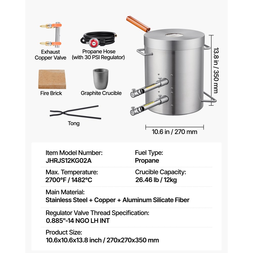 VEVOR Propane Melting Furnace Kit, 12KG Large Capacity Foundry Home Kilns,Stainless Steel Smelter, Blacksmithing Forge with Crucible an Tongs Kiln, For Metal Scrap Recycle, Gold Copper Silver Casting