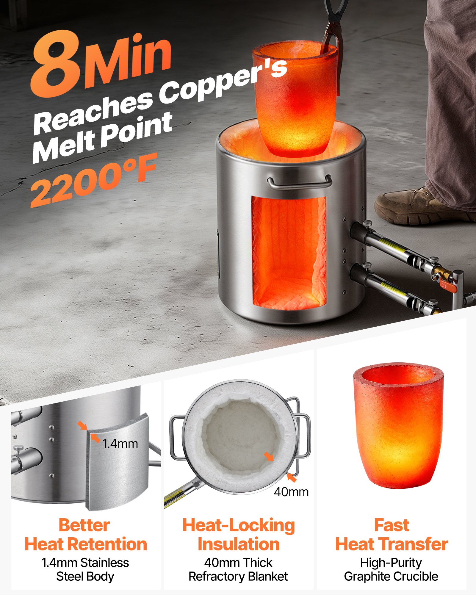 VEVOR Propane Melting Furnace Kit, 12KG Large Capacity Foundry Home Kilns,Stainless Steel Smelter, Blacksmithing Forge with Crucible an Tongs Kiln, For Metal Scrap Recycle, Gold Copper Silver Casting