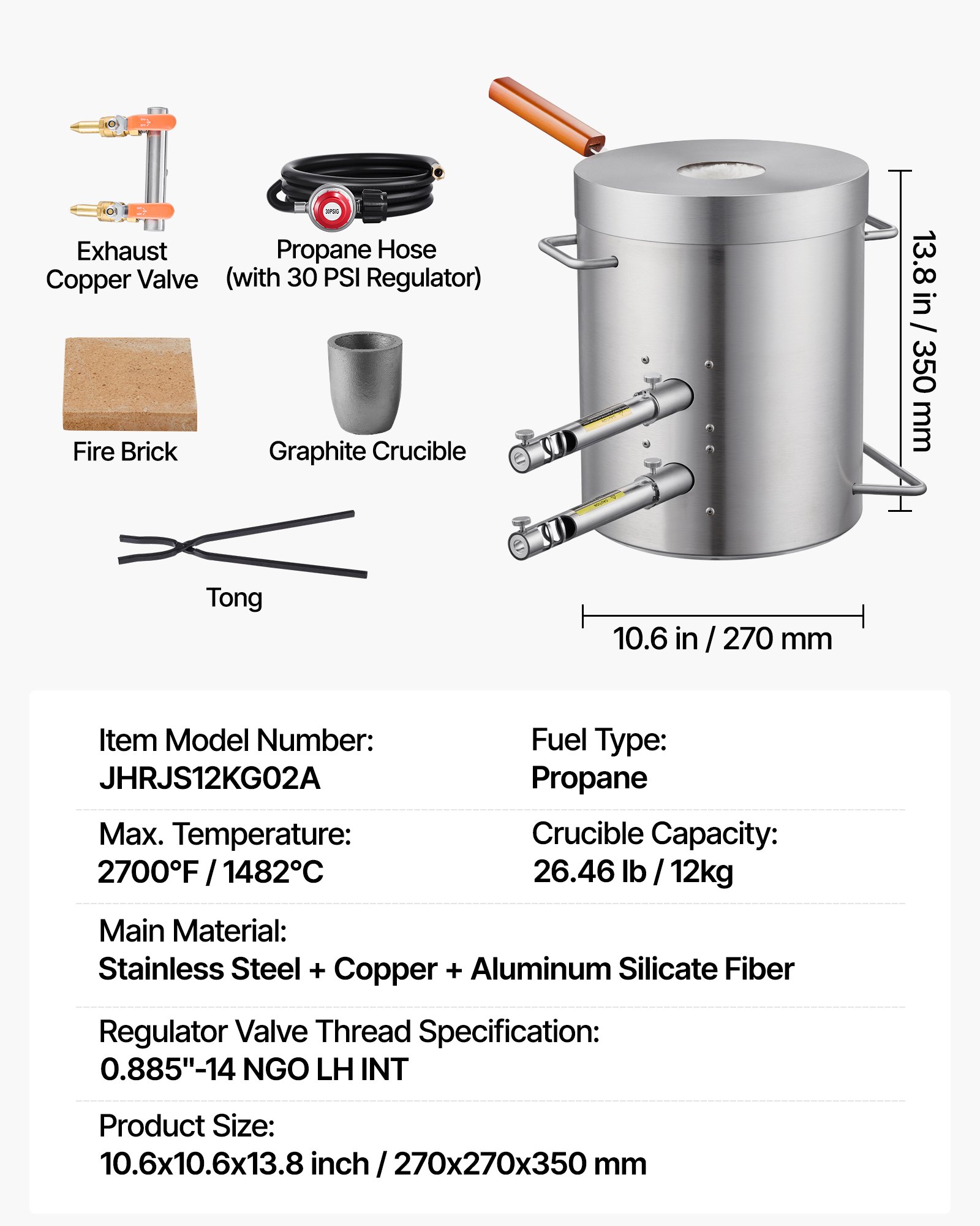 VEVOR Propane Melting Furnace Kit, 12KG Large Capacity Foundry Home Kilns,Stainless Steel Smelter, Blacksmithing Forge with Crucible an Tongs Kiln, For Metal Scrap Recycle, Gold Copper Silver Casting