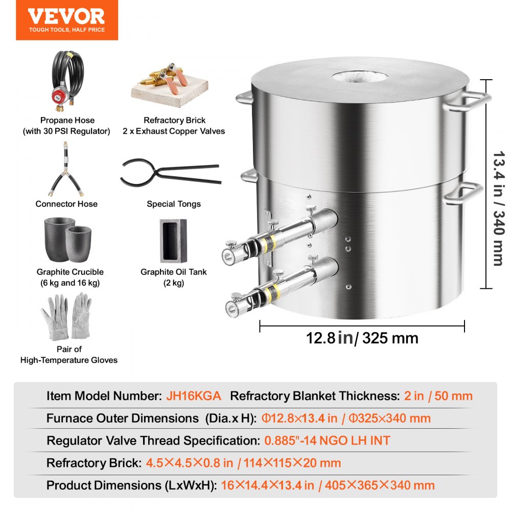 VEVOR Propane Melting Furnace Kit, 16KG/35lbs Gas Metal Melting Furnace Kit, Dual Burner Foundry Home Kiln with Crucibles and Tongs, Smelting Casting Tool for Gold Silver Copper Aluminum Metal Recycle