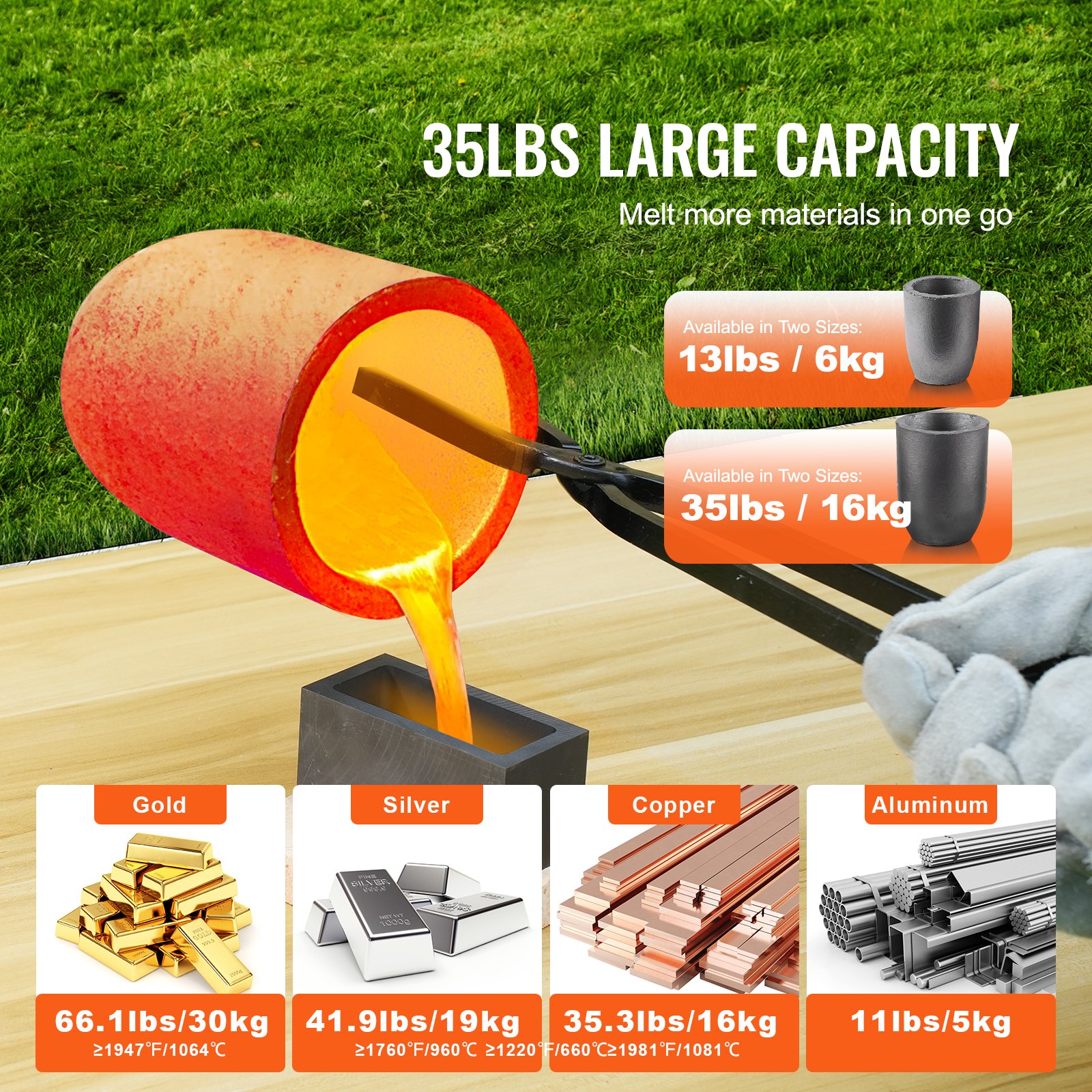 VEVOR Propane Melting Furnace Kit, 16KG/35lbs Gas Metal Melting Furnace Kit, Dual Burner Foundry Home Kiln with Crucibles and Tongs, Smelting Casting Tool for Gold Silver Copper Aluminum Metal Recycle