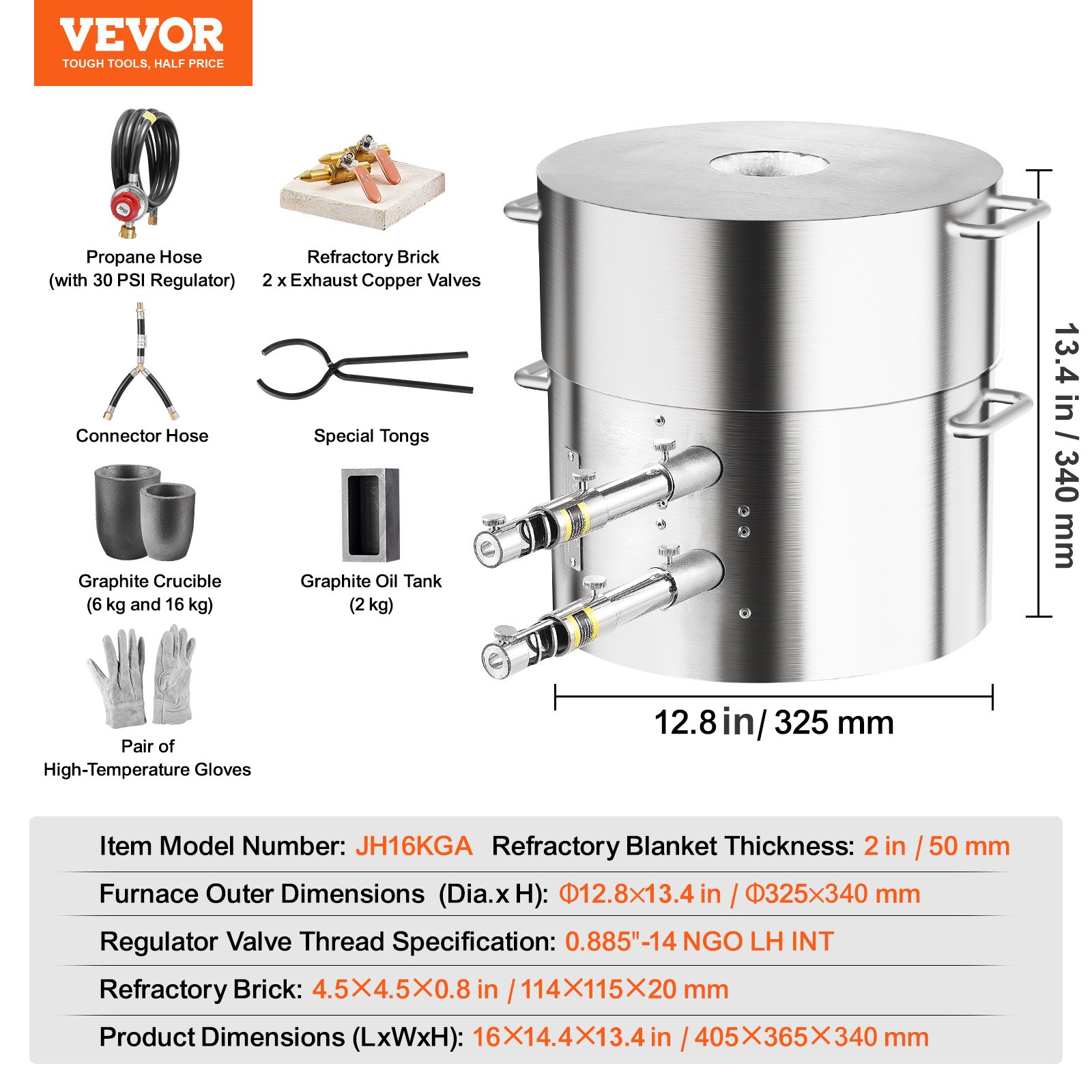 VEVOR Propane Melting Furnace Kit, 16KG/35lbs Gas Metal Melting Furnace Kit, Dual Burner Foundry Home Kiln with Crucibles and Tongs, Smelting Casting Tool for Gold Silver Copper Aluminum Metal Recycle