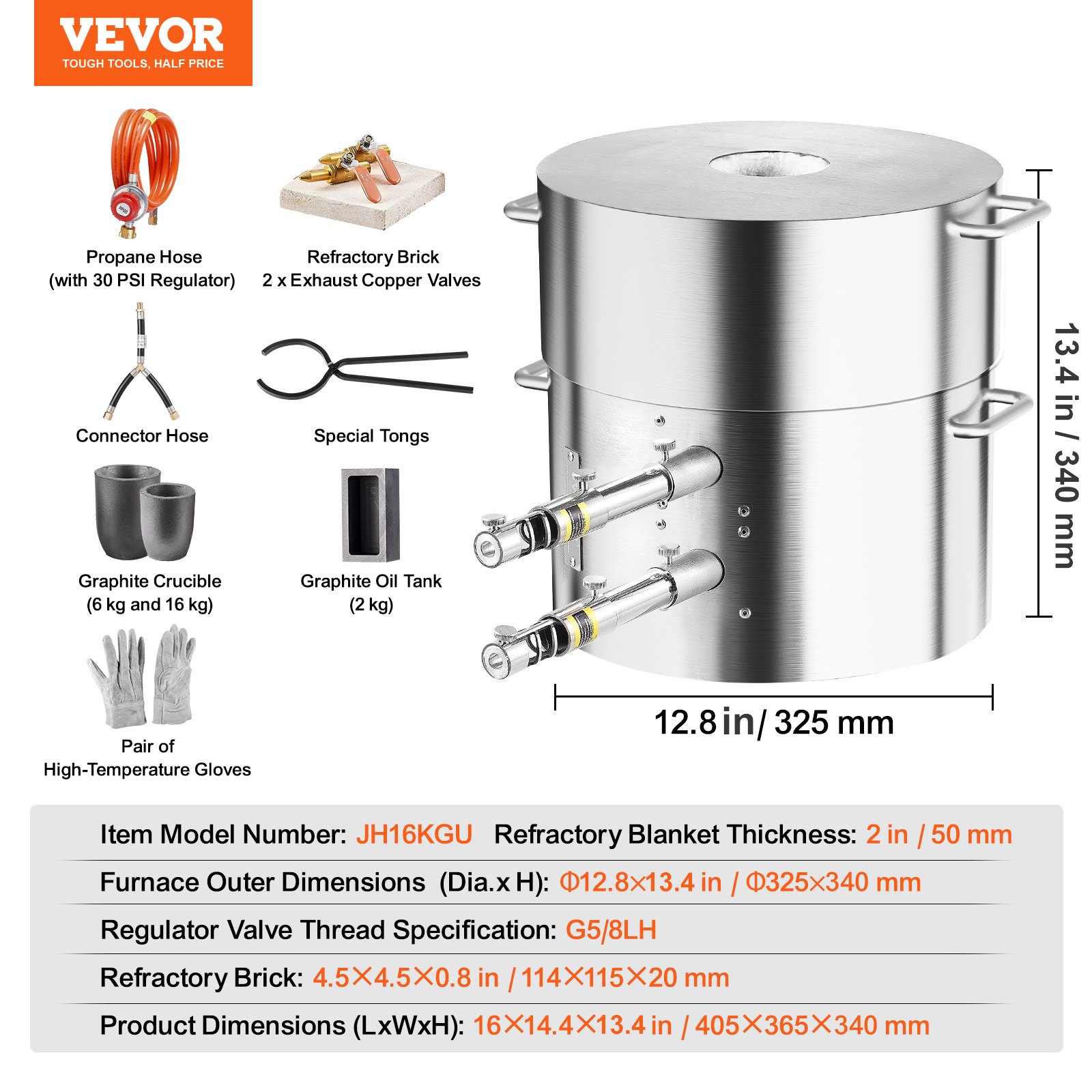 VEVOR Propane Melting Furnace Kit, 16KG/35lbs Gas Metal Melting Furnace Kit, Dual Burner Foundry Home Kiln with Crucibles and Tongs, Smelting Casting Tool for Gold Silver Copper Aluminum Metal Recycle