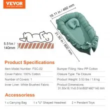 VEVOR - Cama nido para bebé, 100 % algodón, suave, para recién nacidos, con reposacabezas