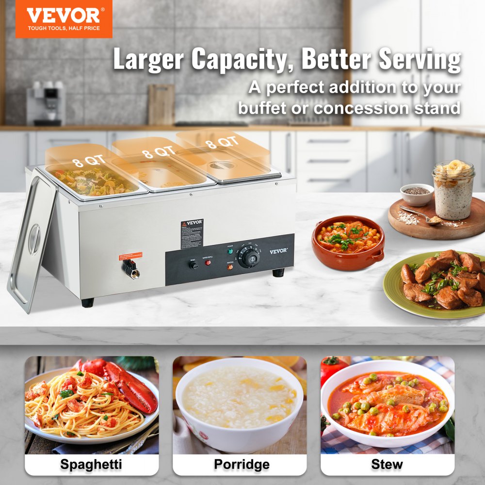 VEVOR 10 Pan 120 Quarts Commercial Food Warmer with Tempered Glass Cover,  1800W Countertop Stainless Steel Buffet Bain Marie